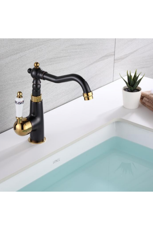 Siyah - Gold Rustik Porselenli Lavabo Bataryası Siyah - Gold Rustik Porselenli Lavabo Bataryası
