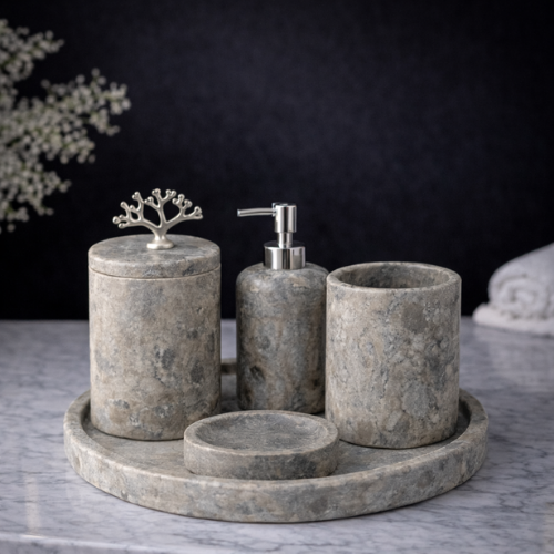 Silver Traverten 5'li Mermer Banyo Seti