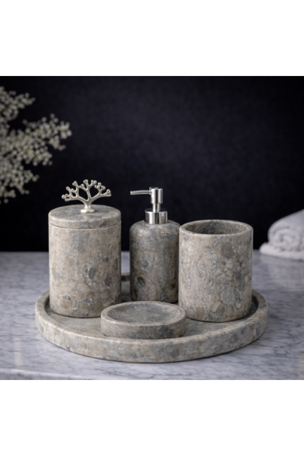 Silver Traverten 5'li Mermer Banyo Seti