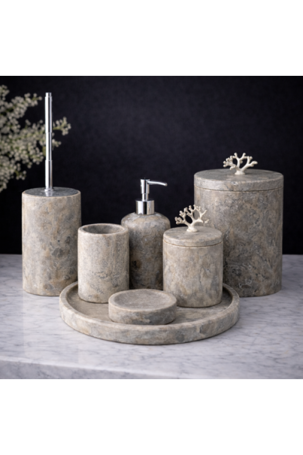 Silver Traverten 7'li Mermer Banyo Seti
