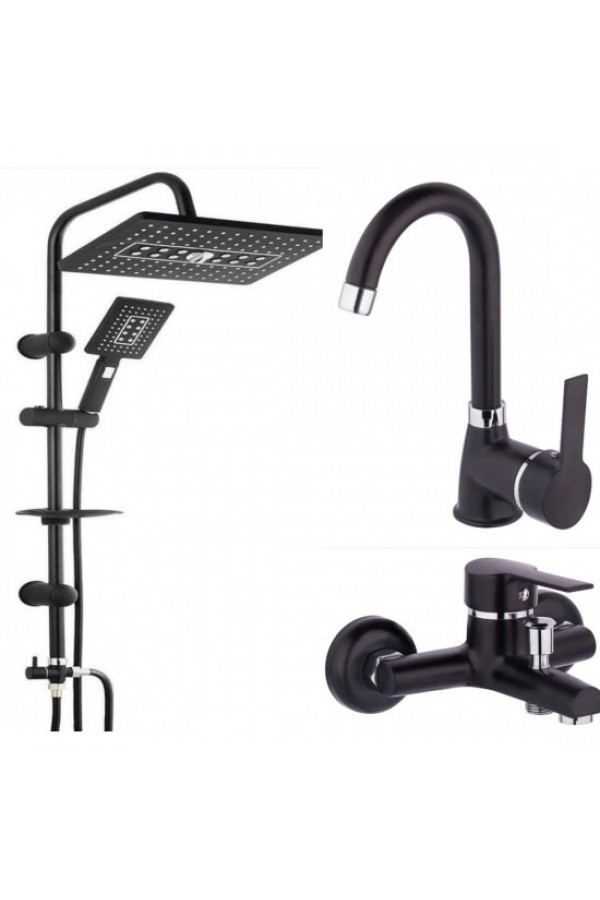Siyah Kare 3'Lü Banyo Seti- Duş Robotu, Banyo Bataryası, Lavabo Bataryası Siyah Kare 3'Lü Banyo Seti- Duş Robotu, Banyo Bataryası, Lavabo Bataryası