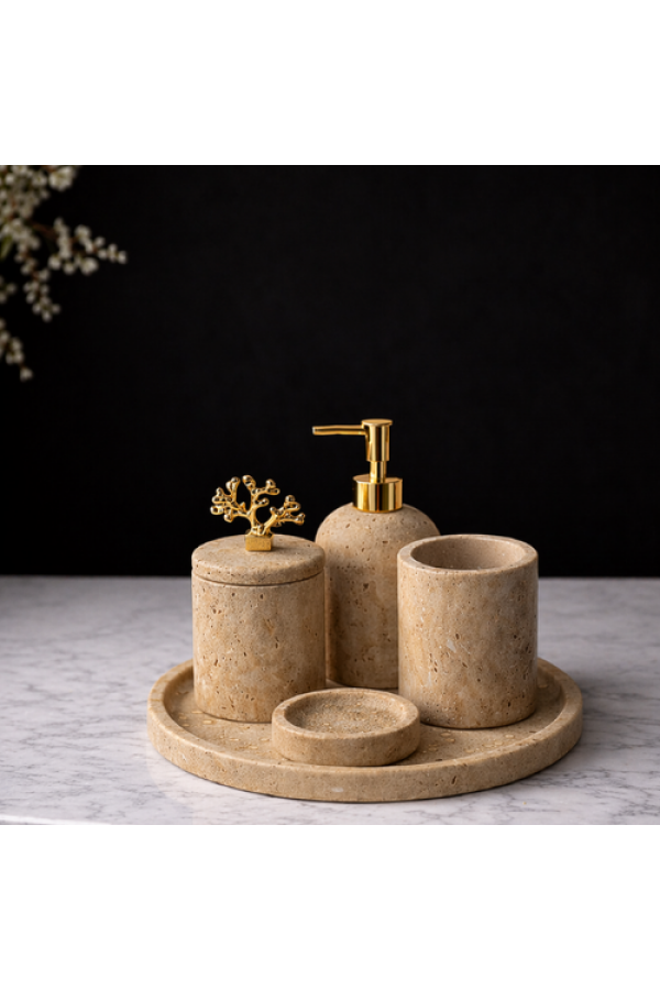 Traverten 5'Li Mermer Banyo Seti