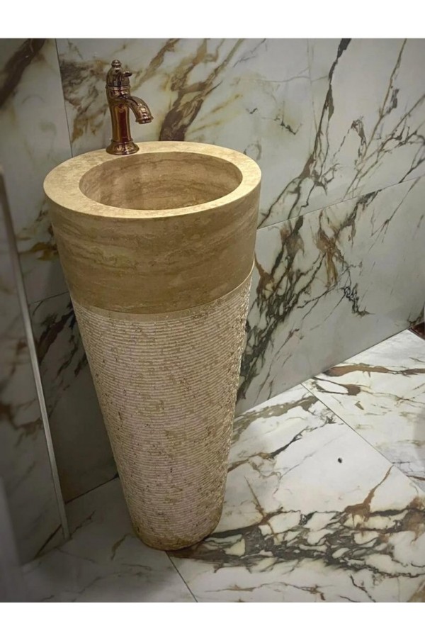 Traverten Batarya Çıkışlı Dikey Mermer Lavabo Traverten Batarya Çıkışlı Dikey Mermer Lavabo