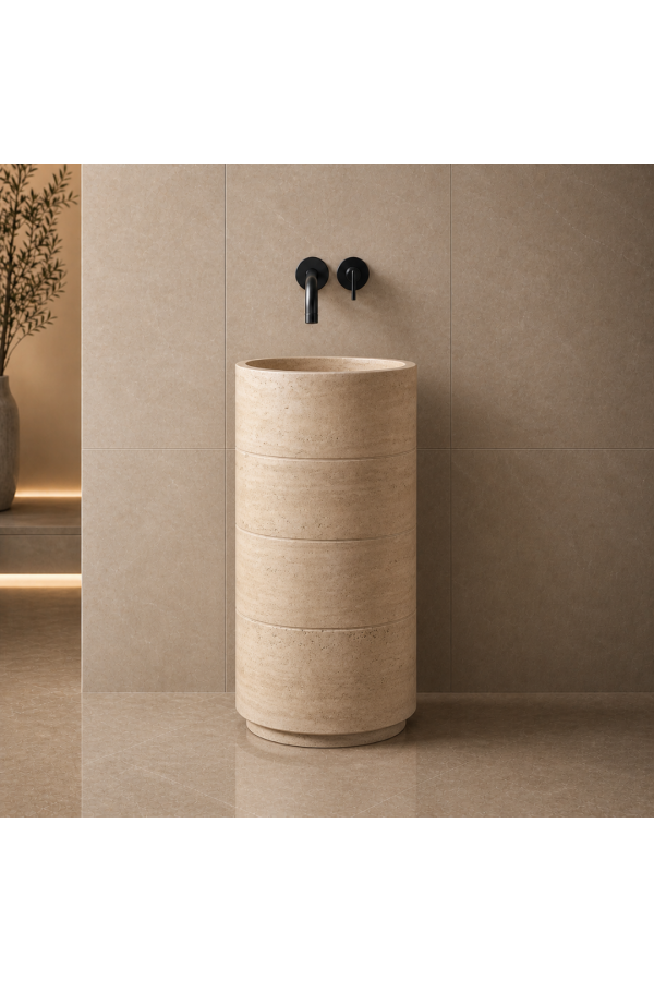 Traverten Silindir Fugalı Dikey Mermer Lavabo