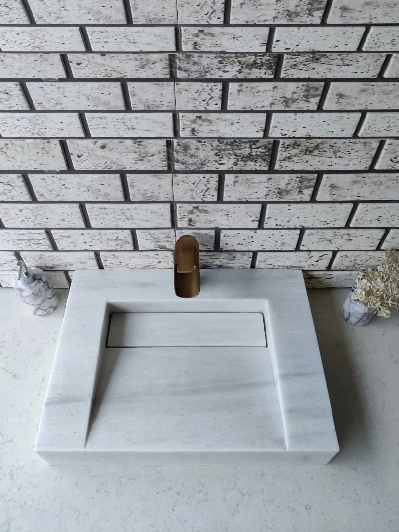 Beyaz Gizli Giderli Köşe Mermer Lavabo 4
