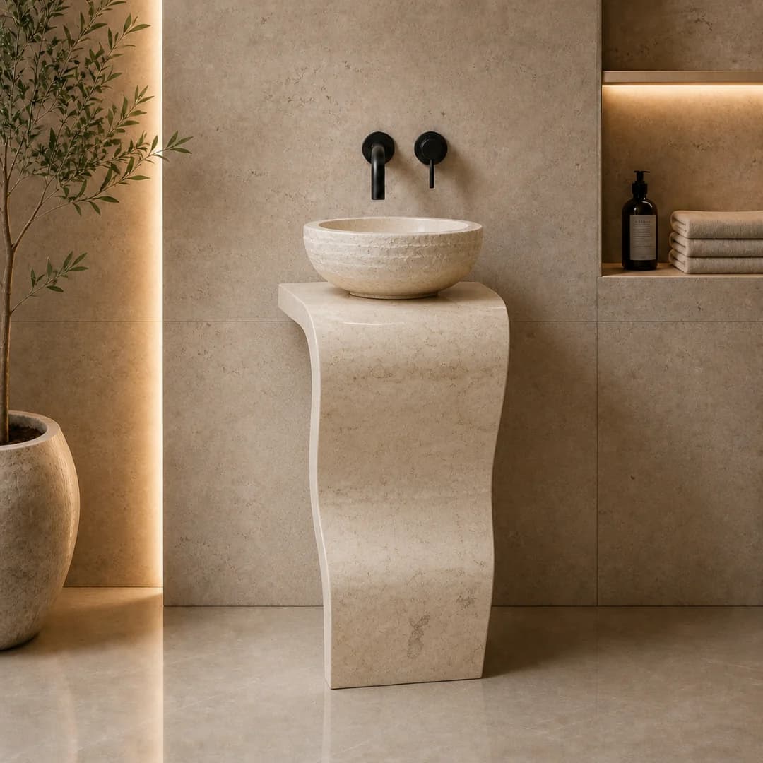Bej Sole Dikey Mermer Lavabo 1