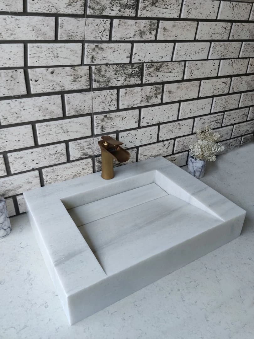 Beyaz Gizli Giderli Köşe Mermer Lavabo 2