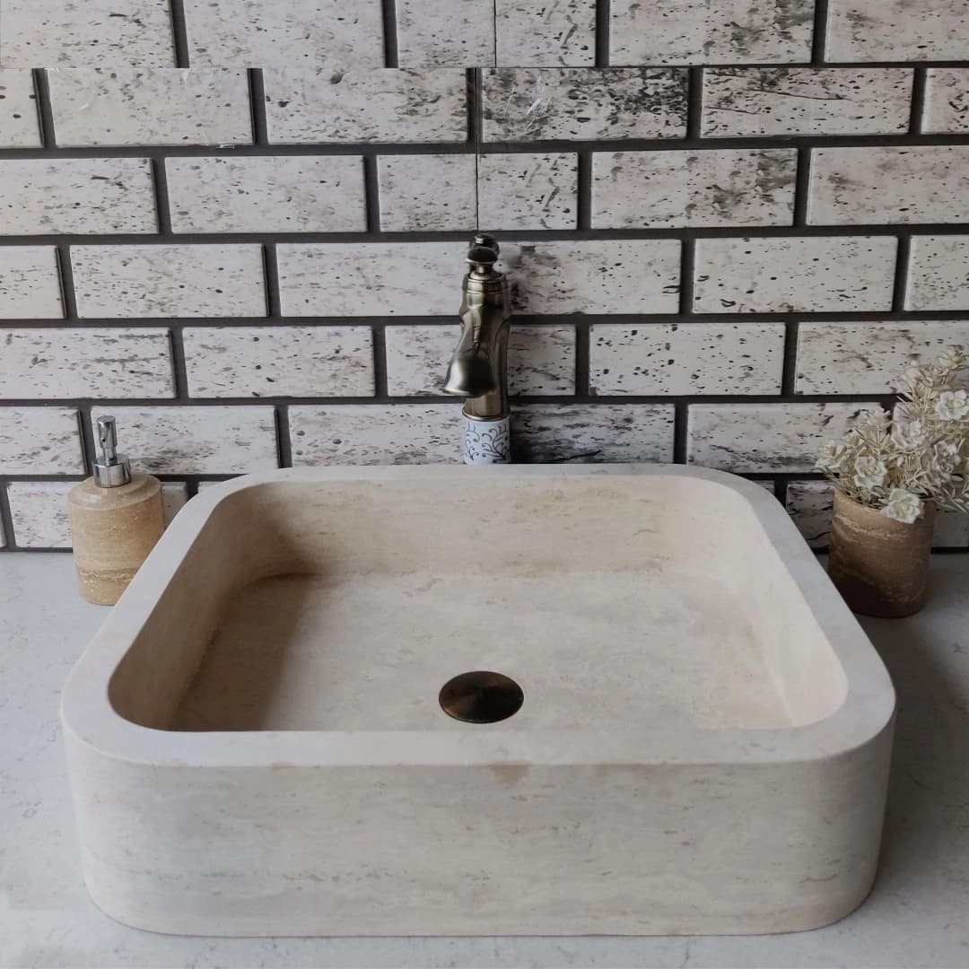 Traverten Dik Köşe Oval Mermer Lavabo 2