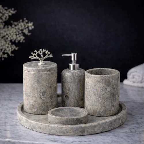Silver Traverten 5'li Mermer Banyo Seti