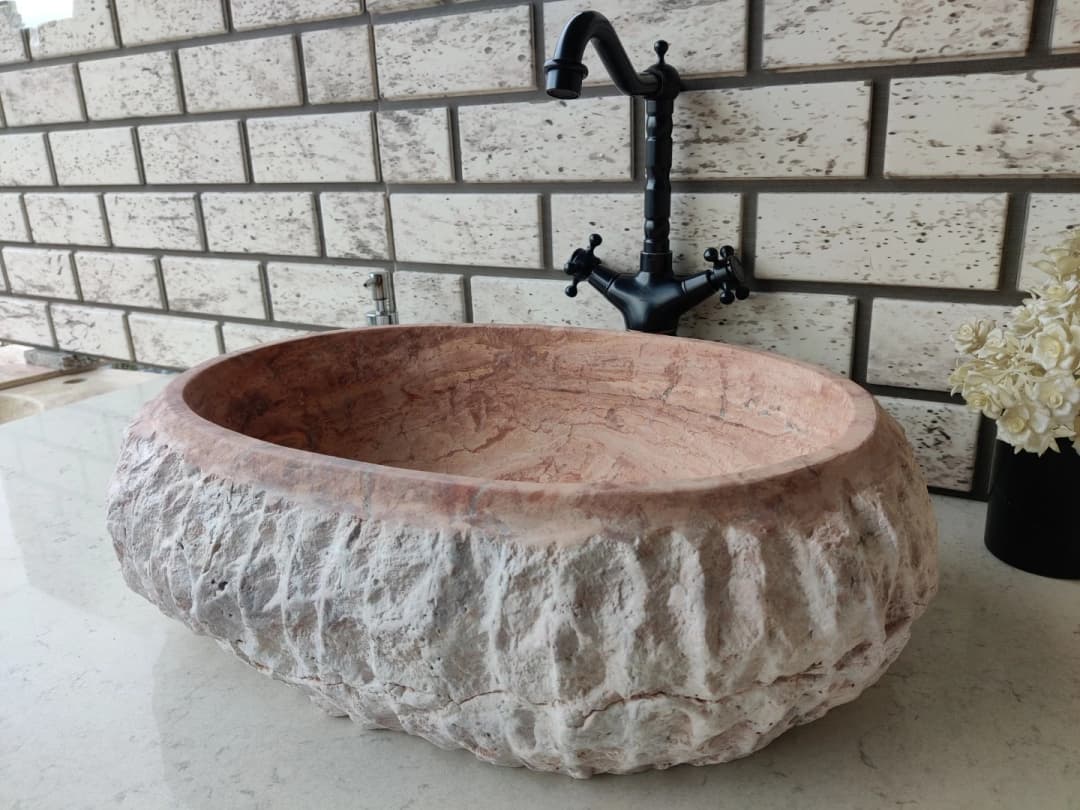 Traverten Red Patlatma Elips Mermer Lavabo 3