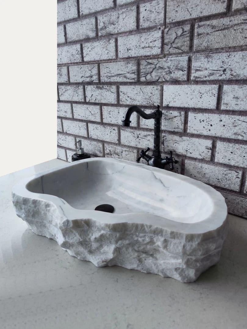 Beyaz Natural Elips Mermer Lavabo 6