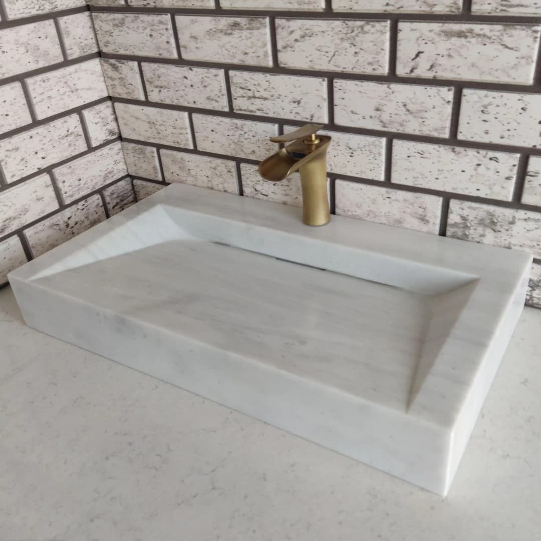 Beyaz Dikdörtgen Gizli Giderli Mermer Lavabo 1