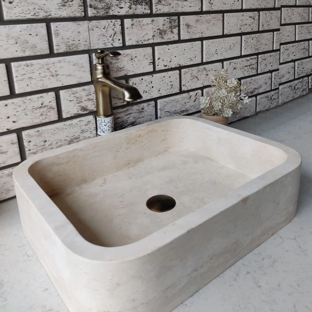 Traverten Dik Köşe Oval Mermer Lavabo 3