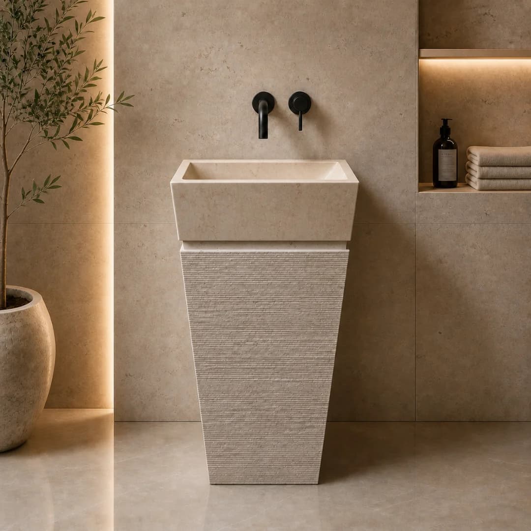 Bej Kare Dikey Mermer Lavabo