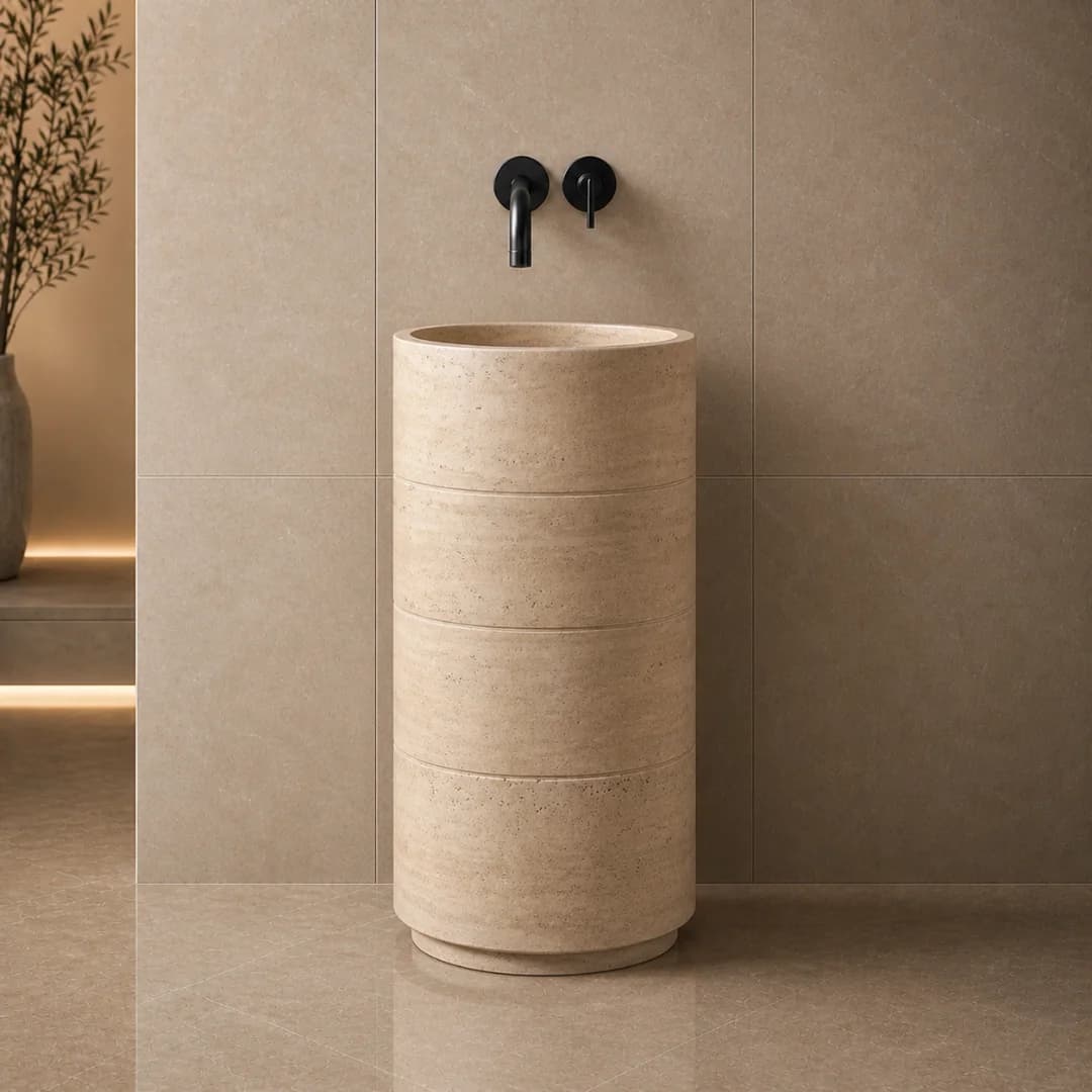 Traverten Silindir Fugalı Dikey Mermer Lavabo 1