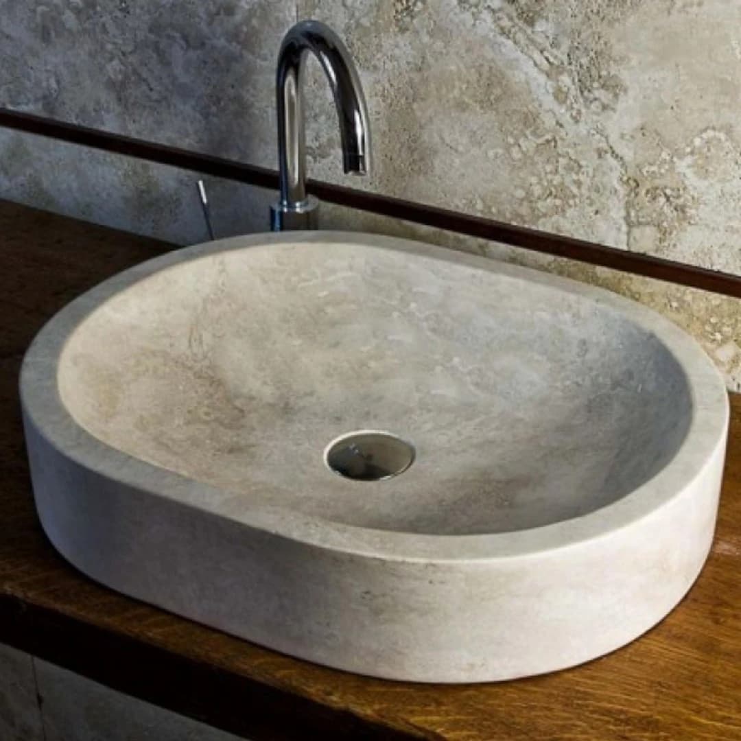 Traverten Oval Krem Mermer Lavabo 1
