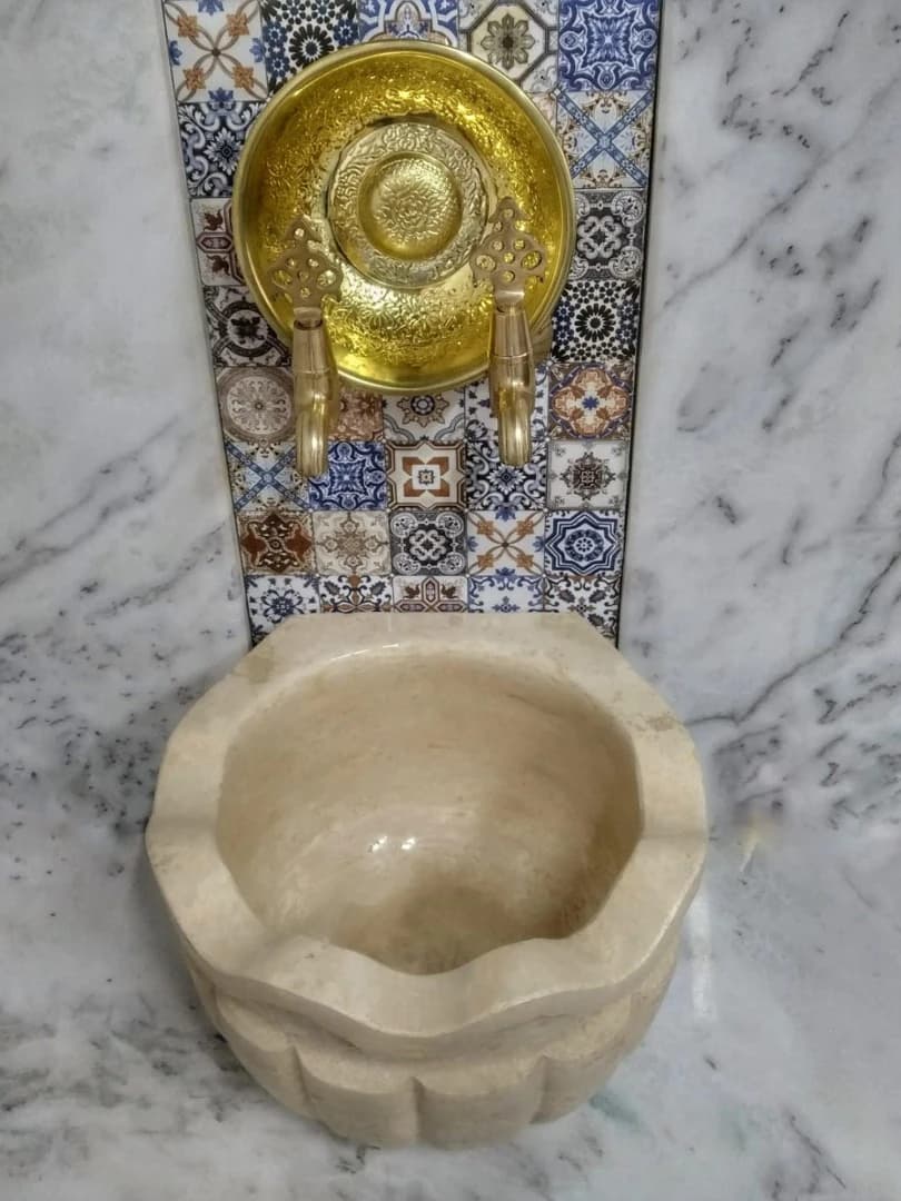 Traverten Dalgalı Kavun Dilimli Mermer Kurna 3