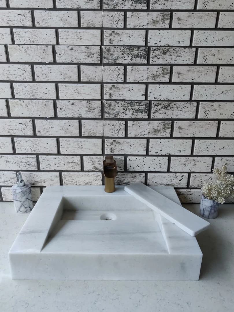 Beyaz Gizli Giderli Köşe Mermer Lavabo 6