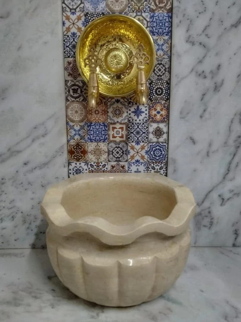 Traverten Dalgalı Kavun Dilimli Mermer Kurna 1