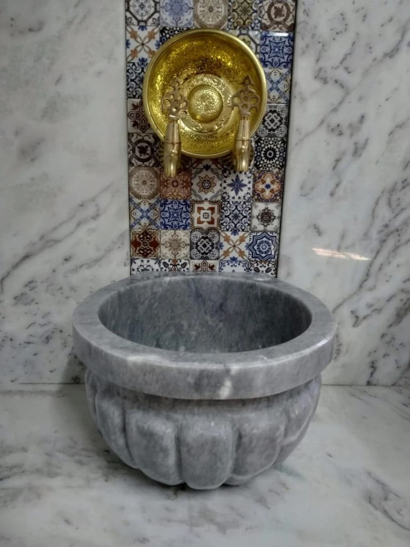 Gri Kulaksız Kavun Dilimli Mermer Kurna 1
