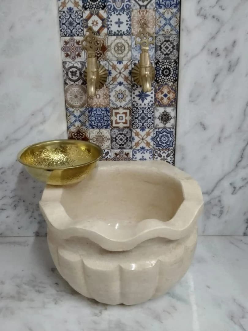 Traverten Dalgalı Kavun Dilimli Mermer Kurna 2