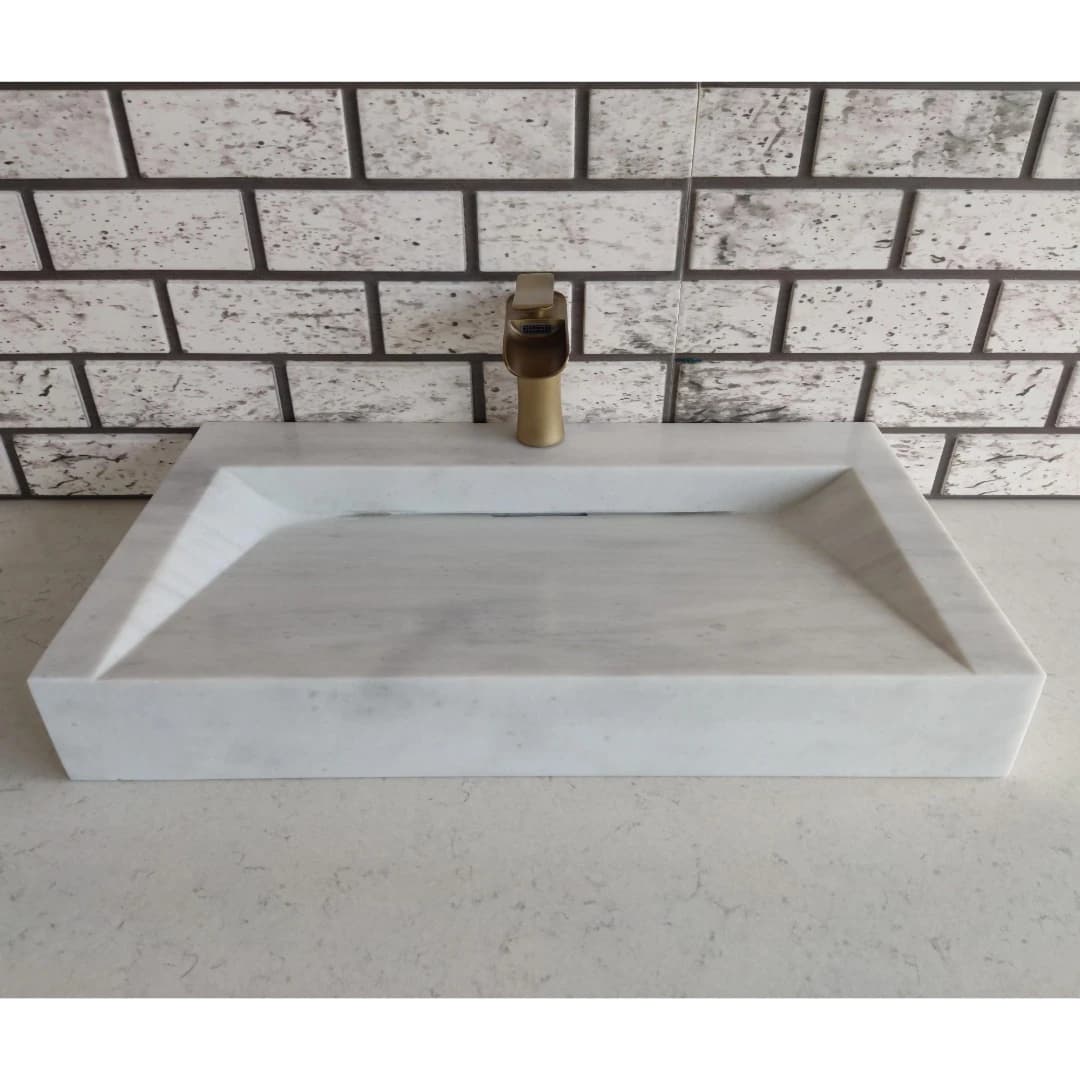 Beyaz Dikdörtgen Gizli Giderli Mermer Lavabo 2