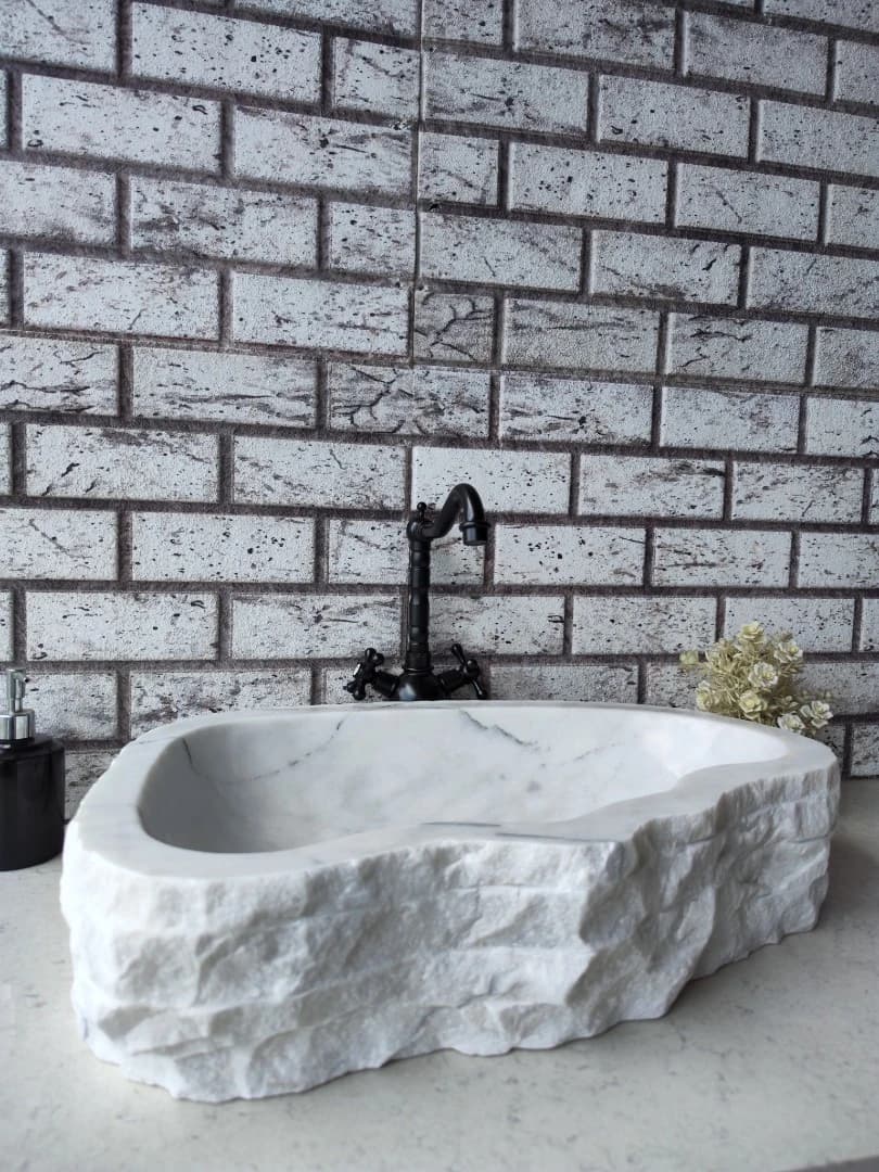 Beyaz Natural Elips Mermer Lavabo 5