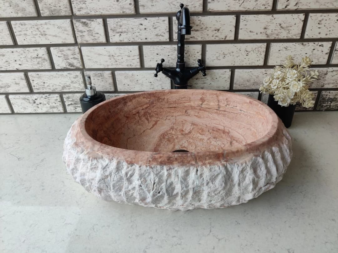 Traverten Red Patlatma Elips Mermer Lavabo 1