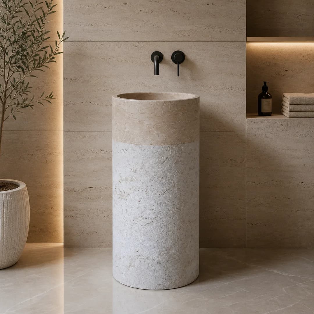 Bej Silindir Dikey Mermer Lavabo