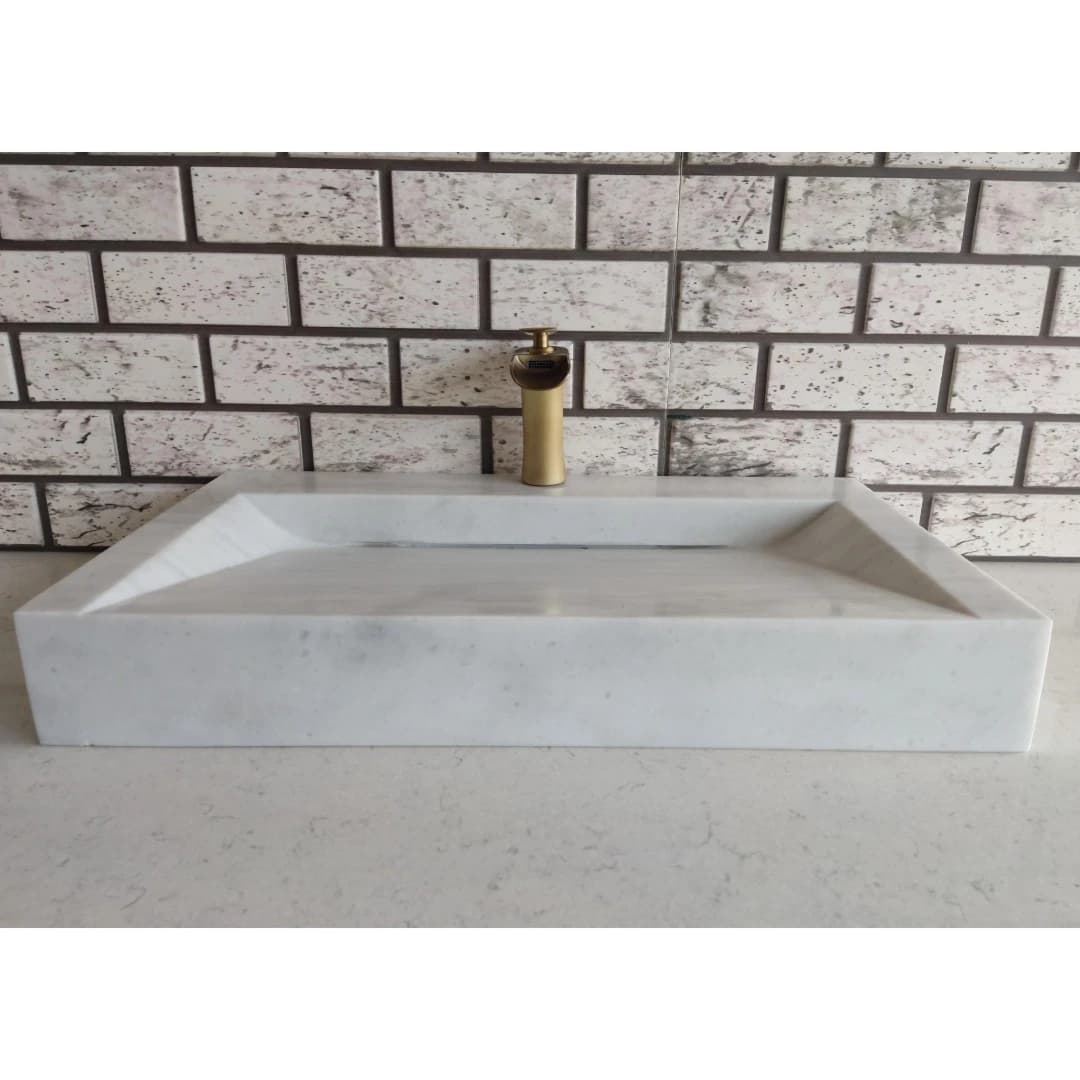 Beyaz Dikdörtgen Gizli Giderli Mermer Lavabo 4