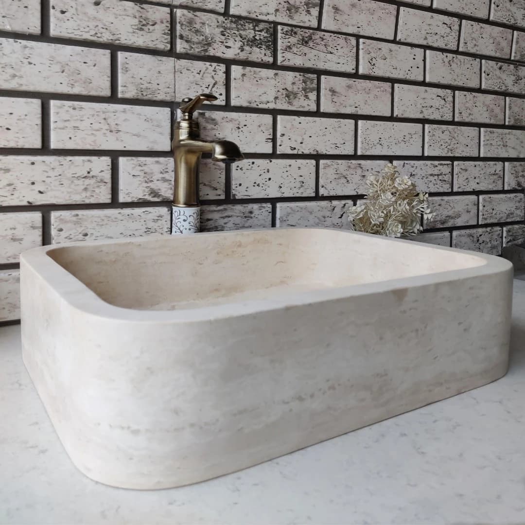 Traverten Dik Köşe Oval Mermer Lavabo 4