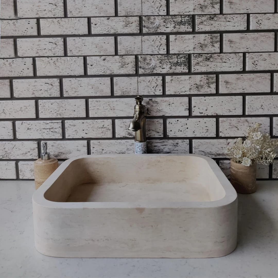 Traverten Dik Köşe Oval Mermer Lavabo 1