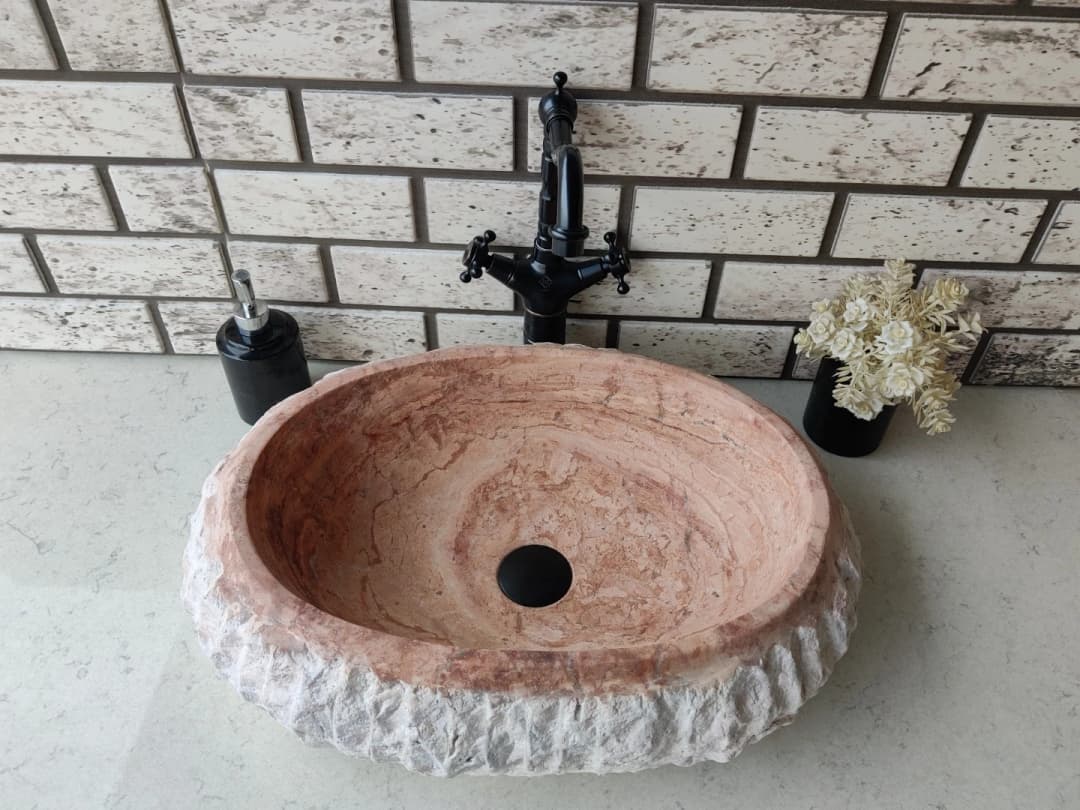Traverten Red Patlatma Elips Mermer Lavabo 2