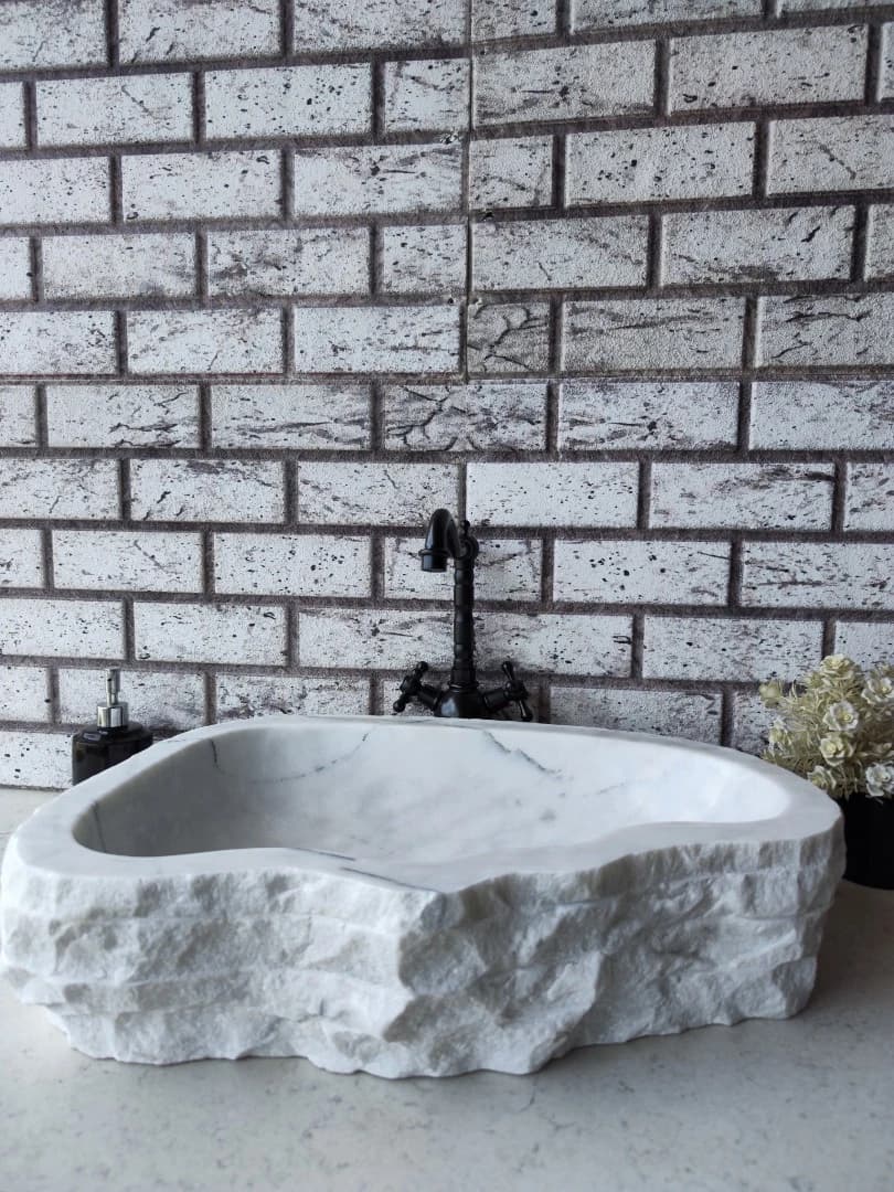 Beyaz Natural Elips Mermer Lavabo 4