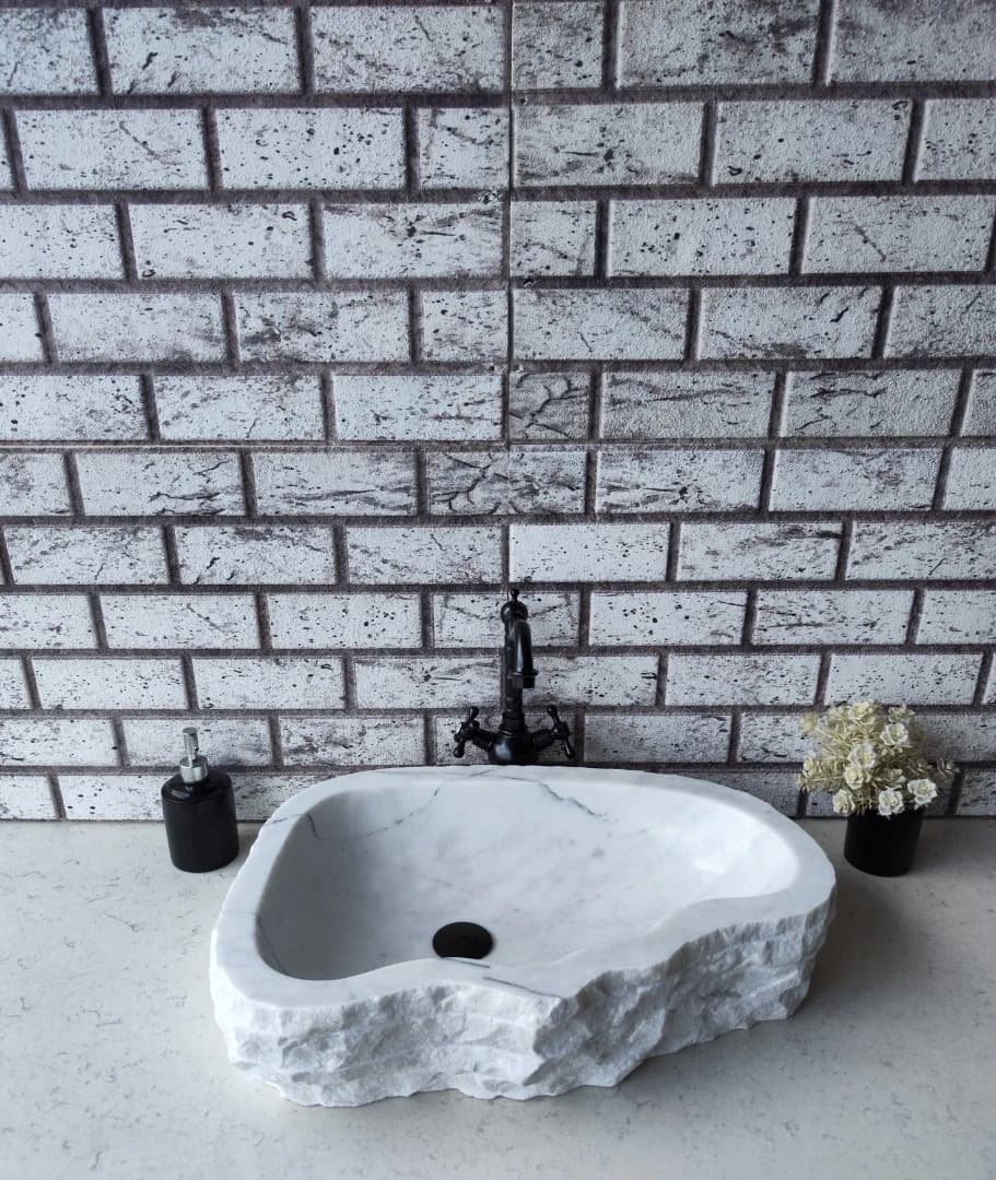 Beyaz Natural Elips Mermer Lavabo 7