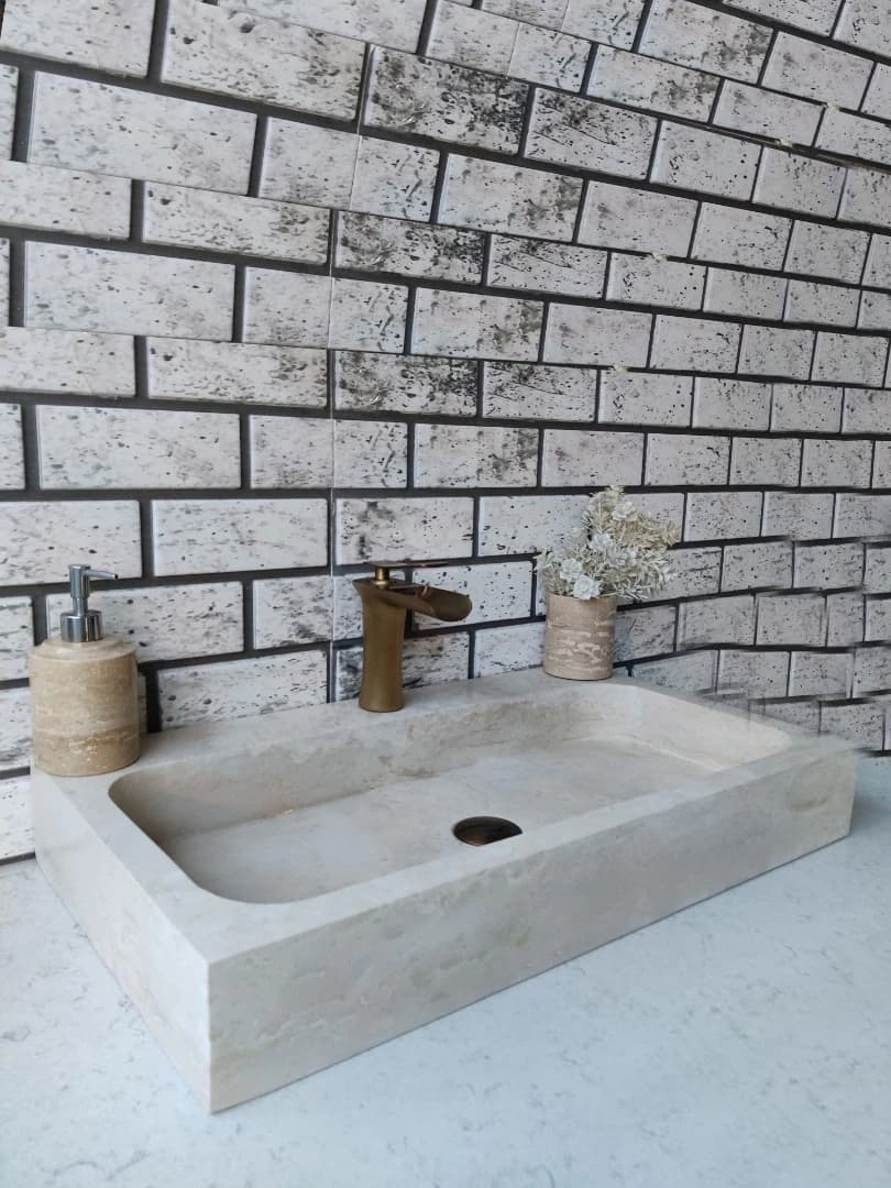 Traverten Köşeli Dik Mermer Lavabo 3