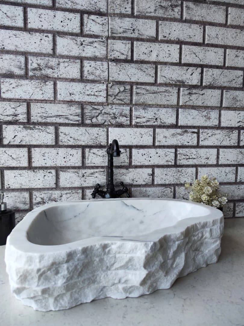 Beyaz Natural Elips Mermer Lavabo 3