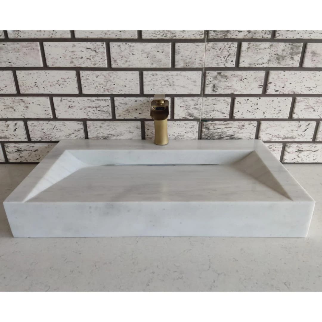 Beyaz Dikdörtgen Gizli Giderli Mermer Lavabo 5