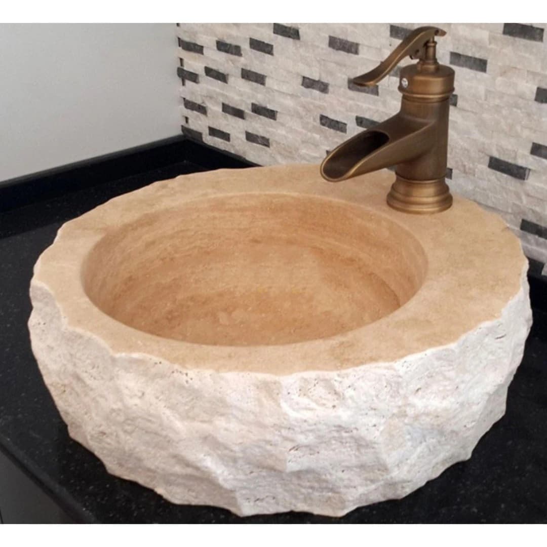 Traverten Batarya Delikli Patlatma Mermer Lavabo 2