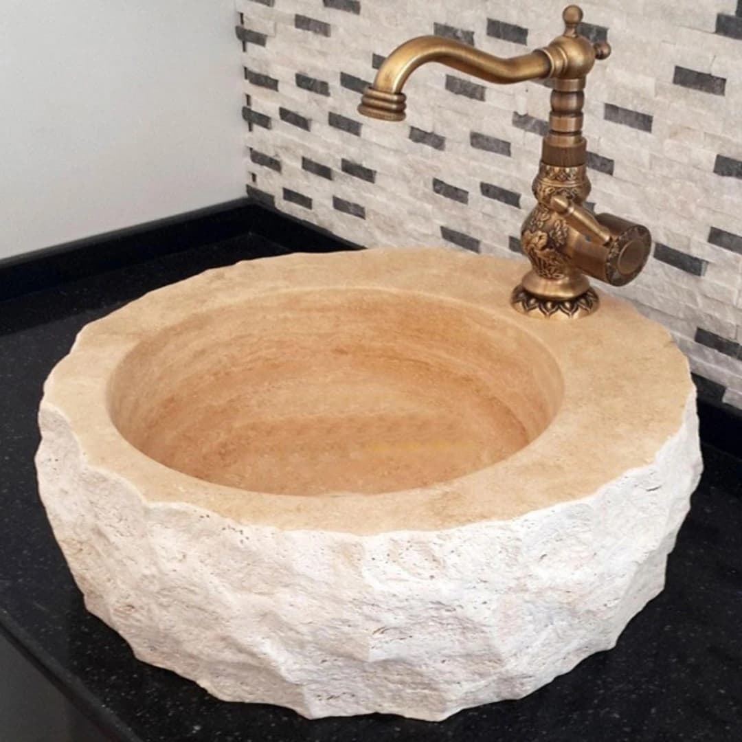 Traverten Batarya Delikli Patlatma Mermer Lavabo 1