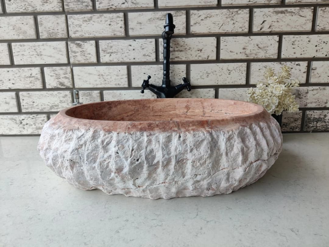 Traverten Red Patlatma Elips Mermer Lavabo 4