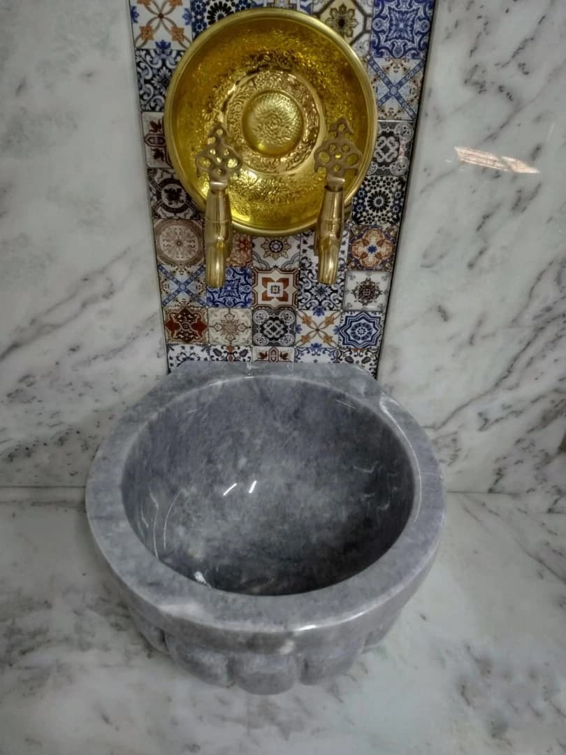 Gri Kulaksız Kavun Dilimli Mermer Kurna 2