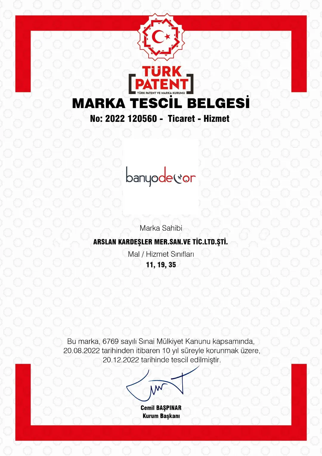 BanyoDecor marka tescil belgesi