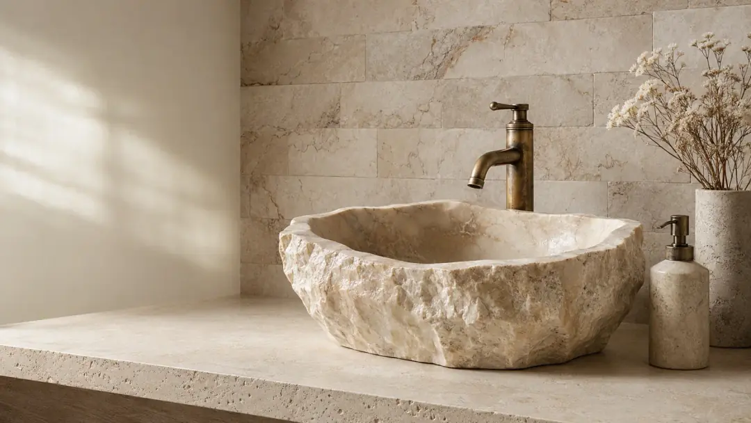 Doğal taş lavabo ve antik bronz batarya
